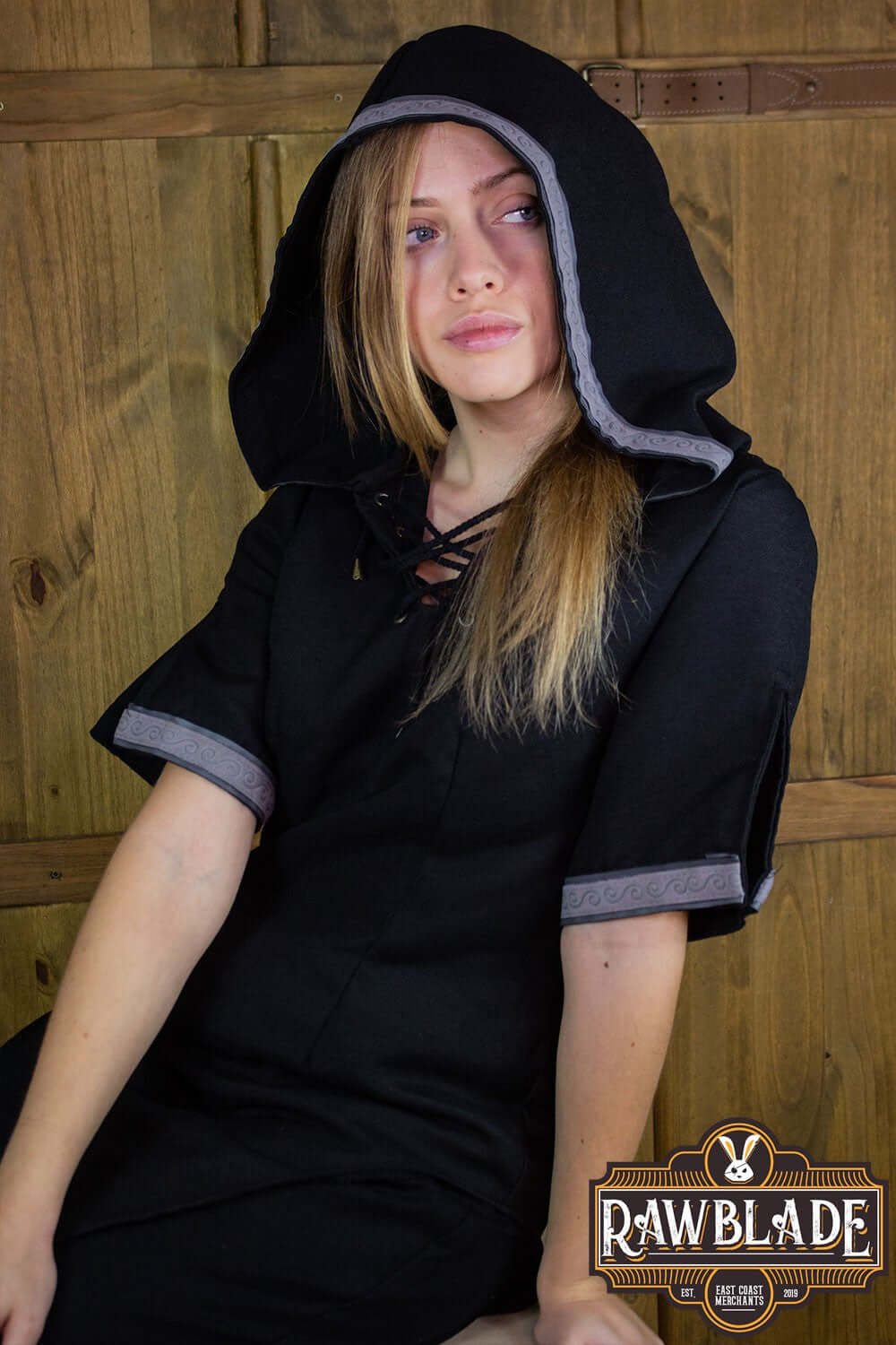 Briannan Ranger Tunic featuring a wide hood and decorated sleeves from Rawblade, showcasing quality twill fabric.