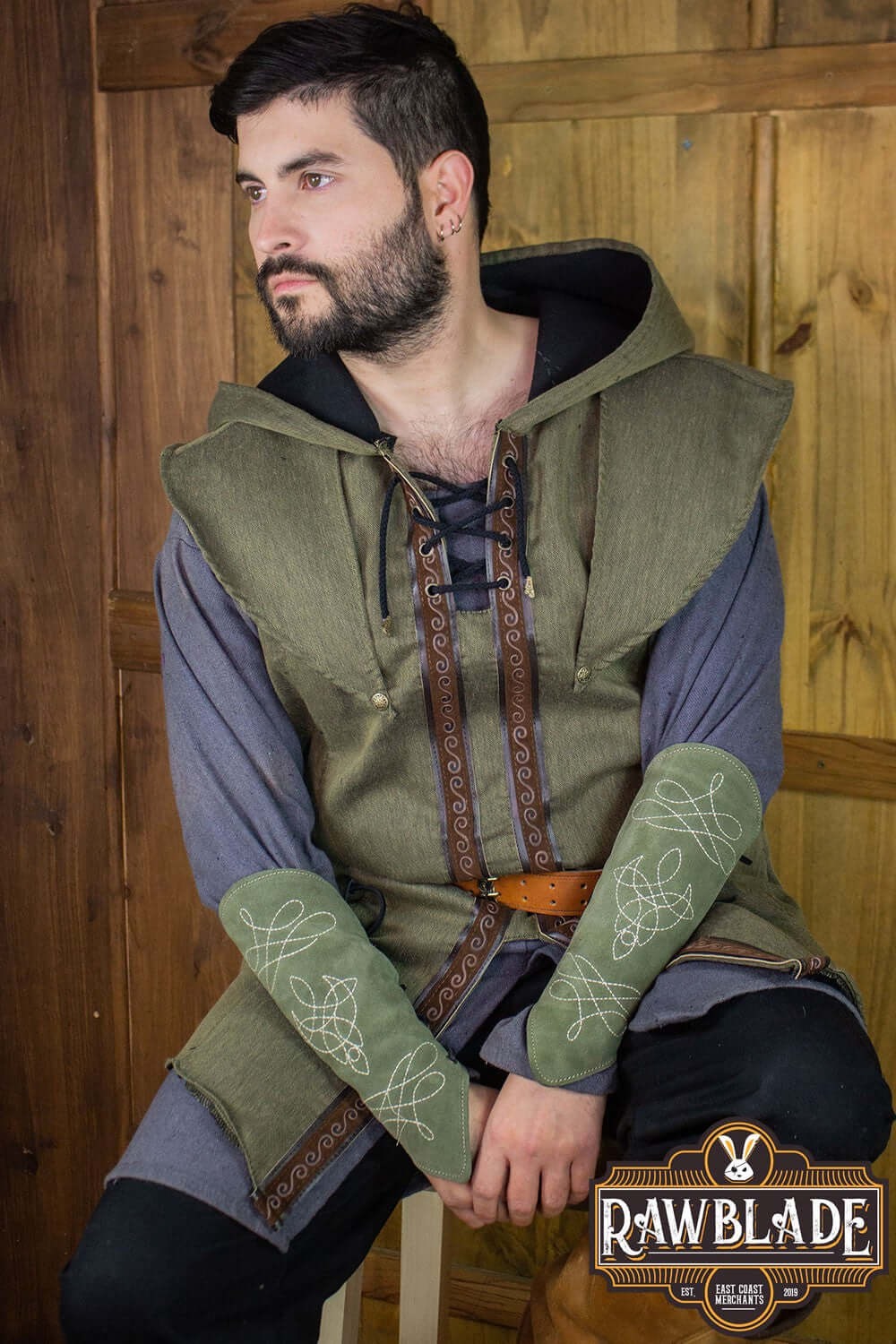 Karanthir Tunic from Rawblade featuring a wide hood and intricate designs, ideal for wizards and elven trackers.