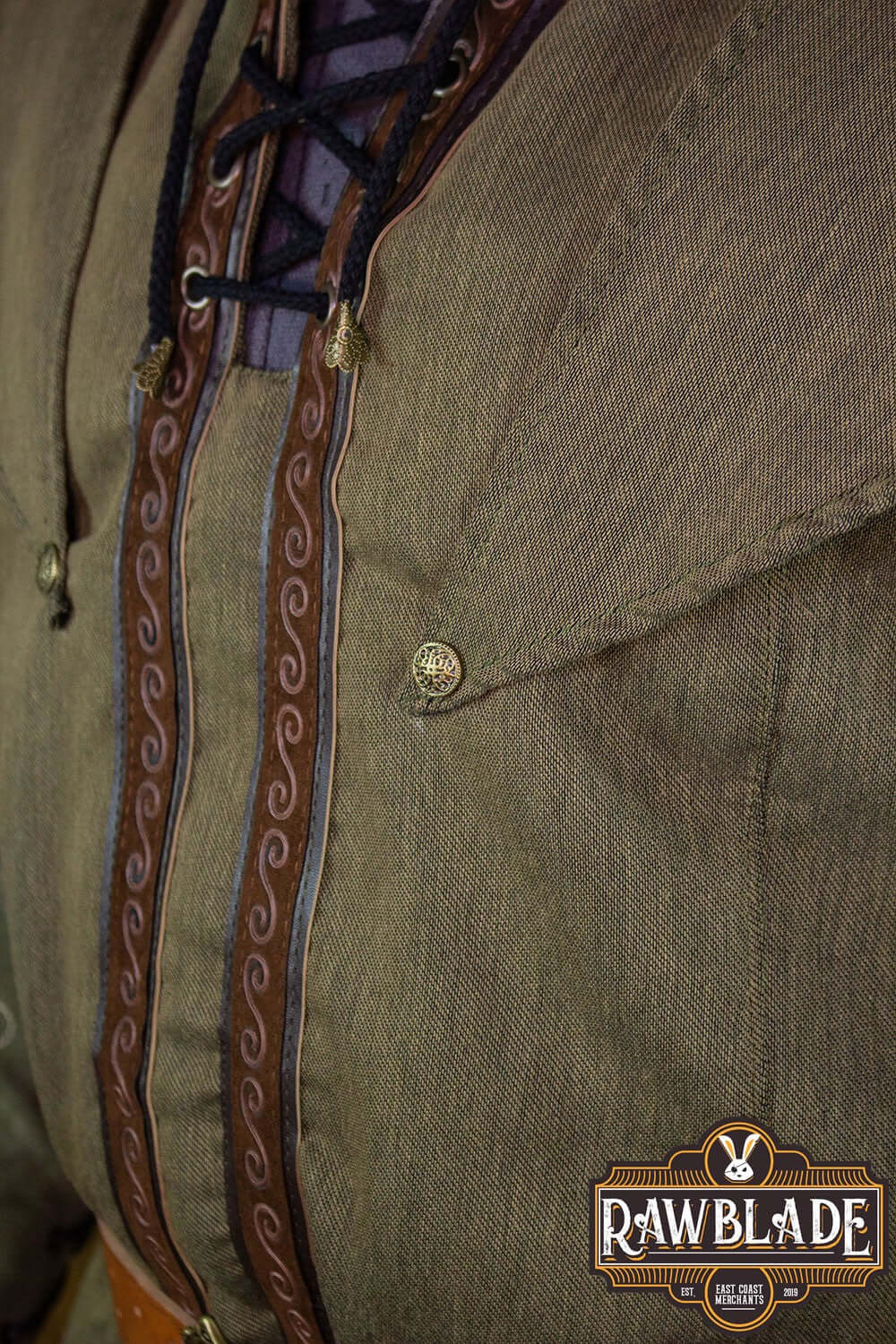 Close-up of the Karanthir Tunic by Rawblade, showcasing its detailed design and unique features.