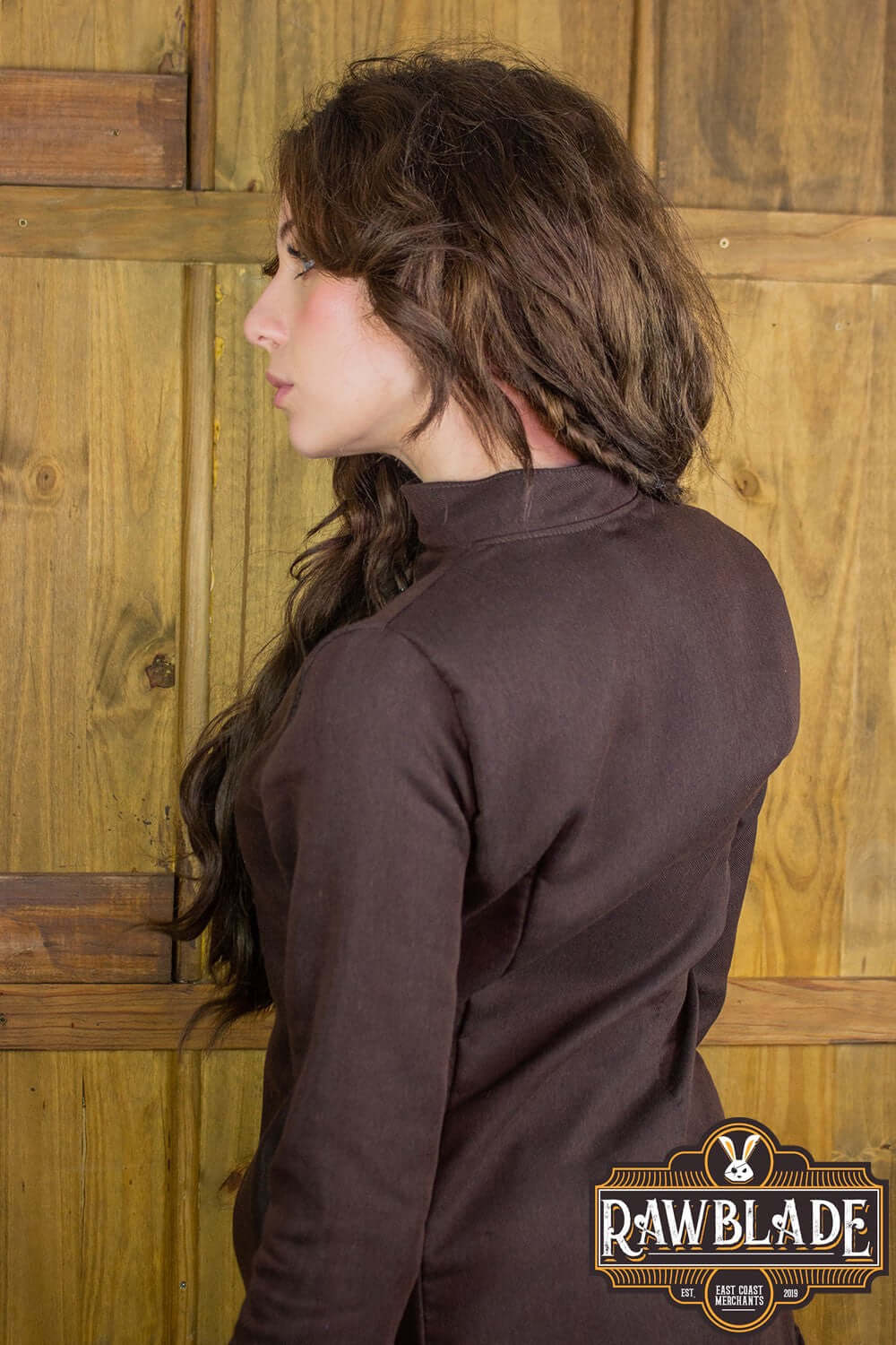 Astherii Tunic showcased on a model, featuring high neck and flared sleeves, perfect for LARP activities.