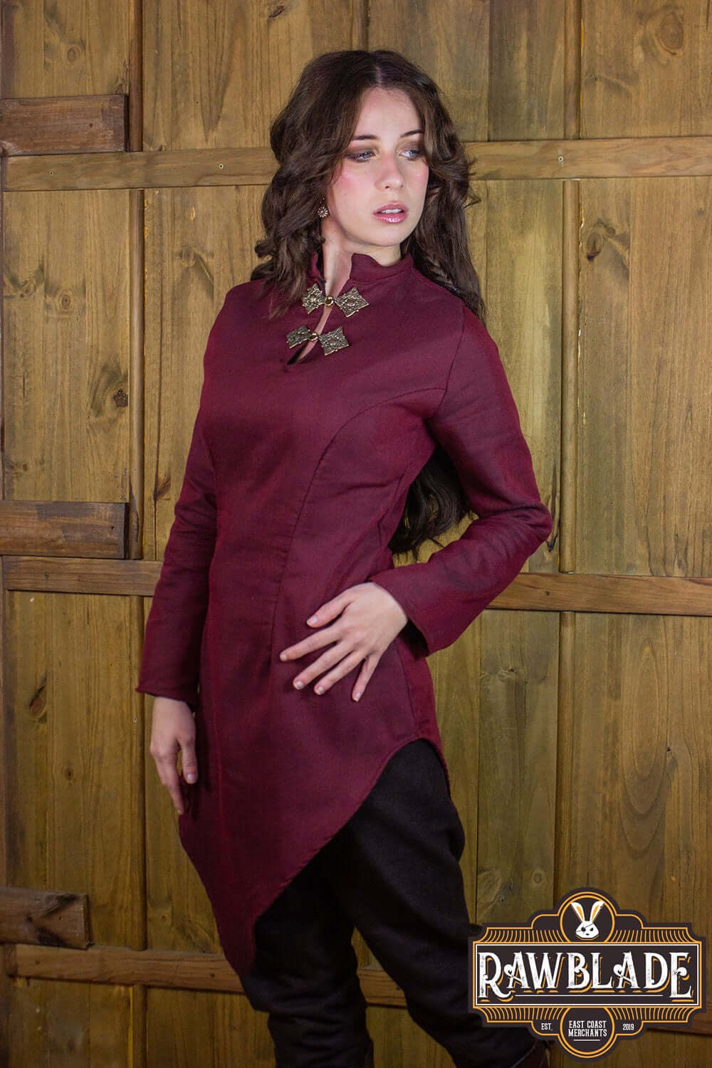 Astherii Tunic in burgundy color with long flared sleeves and high neck, perfect for LARP events.