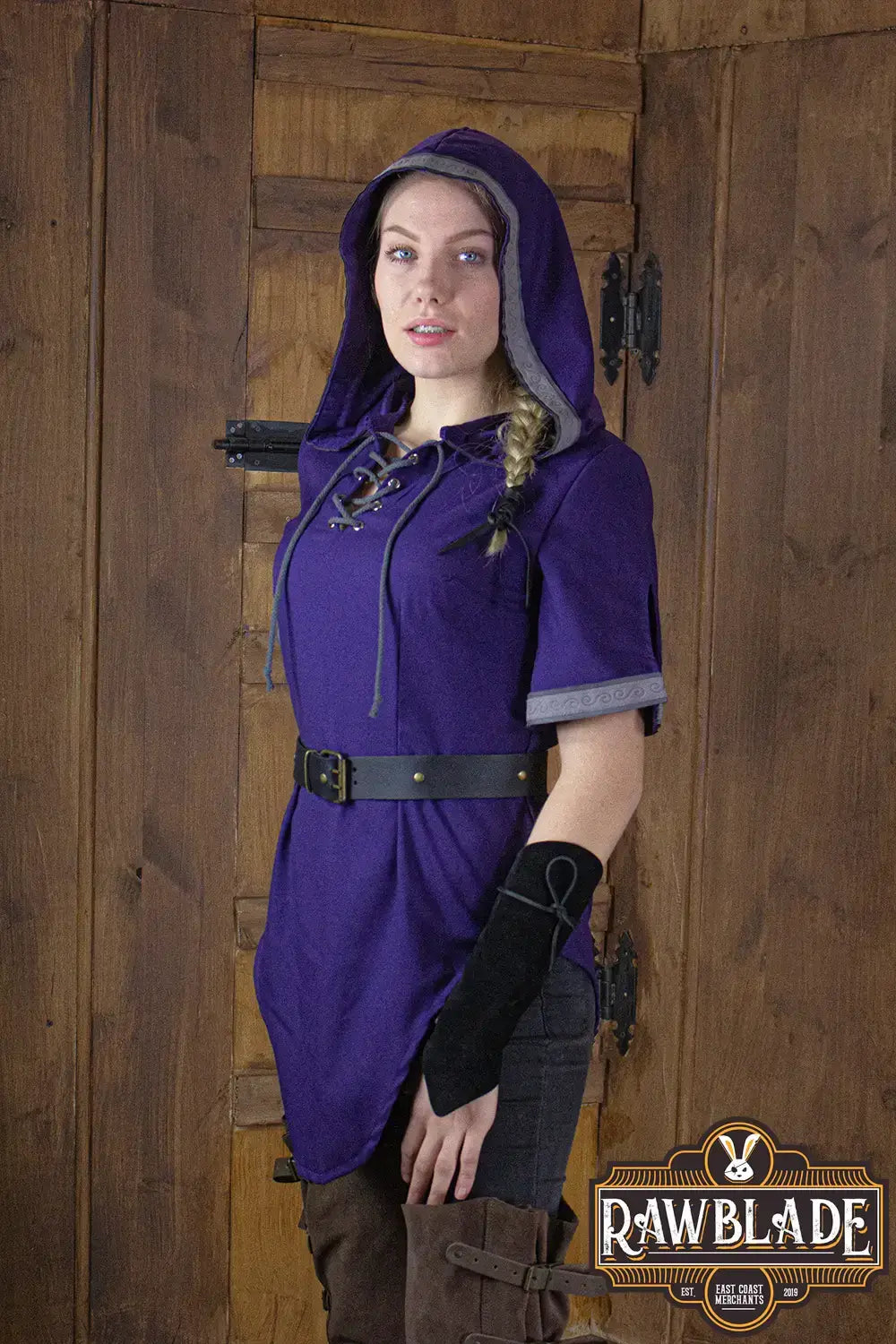 Briannan Ranger Tunic in purple with hood and short sleeves, featuring leather and suede trims.
