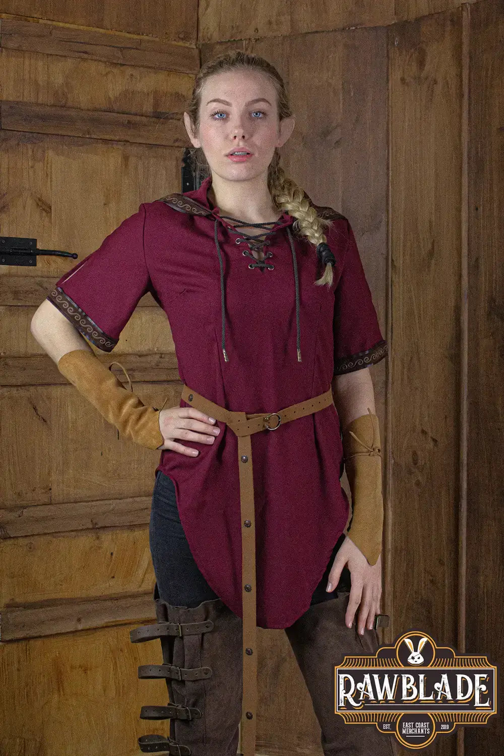Briannan Ranger Tunic from Rawblade, featuring a wide hood and stylish leather trims.