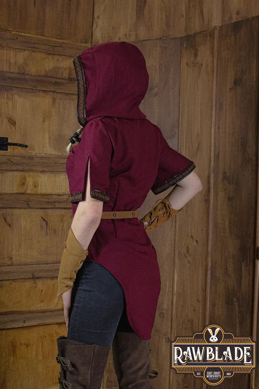 Briannan Ranger Tunic featuring a wide hood and leather trims, perfect for comfortable styling.