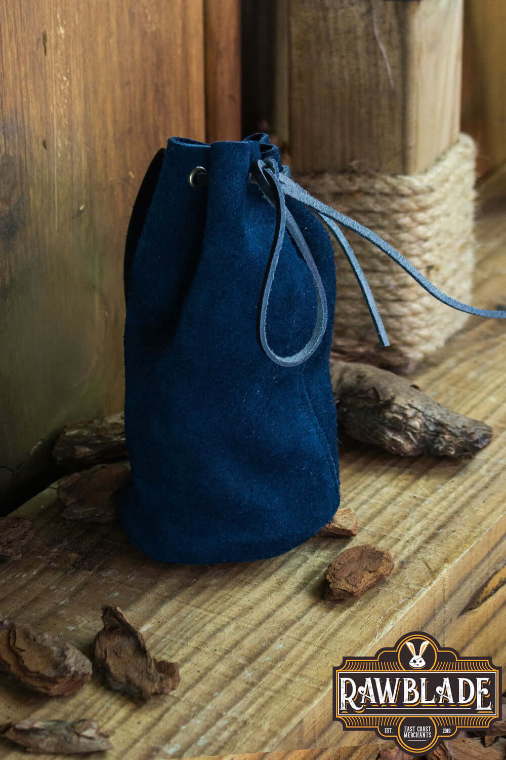 Adventurer Tube Pouch in blue suede, ideal for adventurers and scholars, measuring 18cm tall and 11.5cm wide.