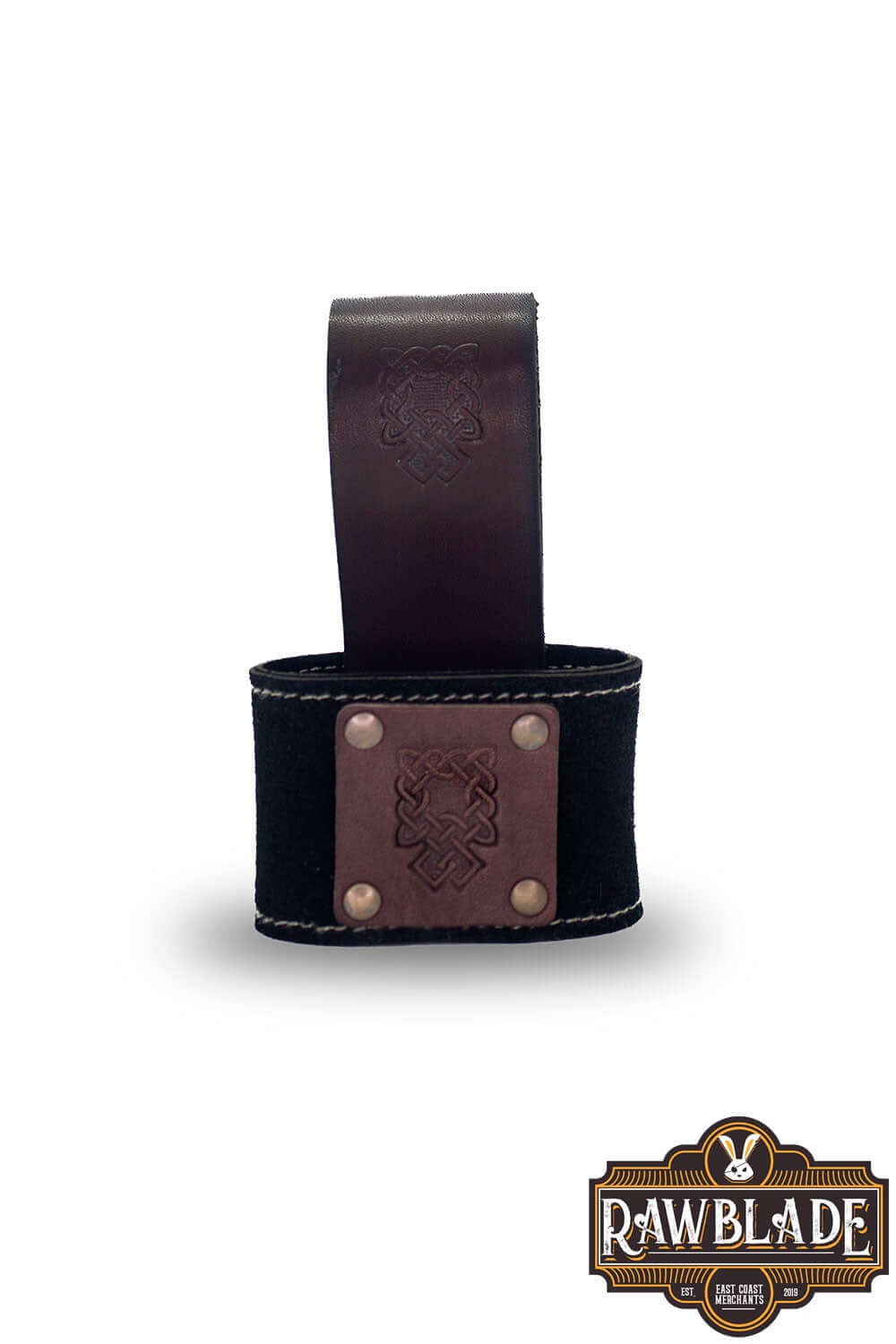 Wanderer Holder featuring engraved split leather with Celtic designs and old gold rivets from Rawblade.