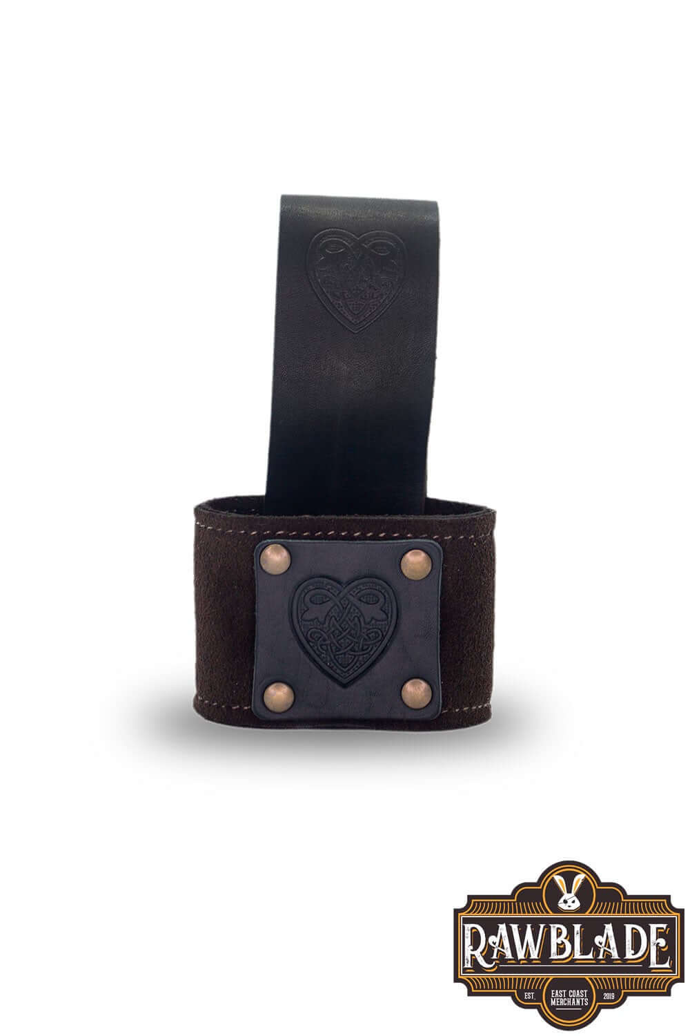 Wanderer Holder made of high-quality split leather with Celtic designs and old gold rivets from Rawblade.