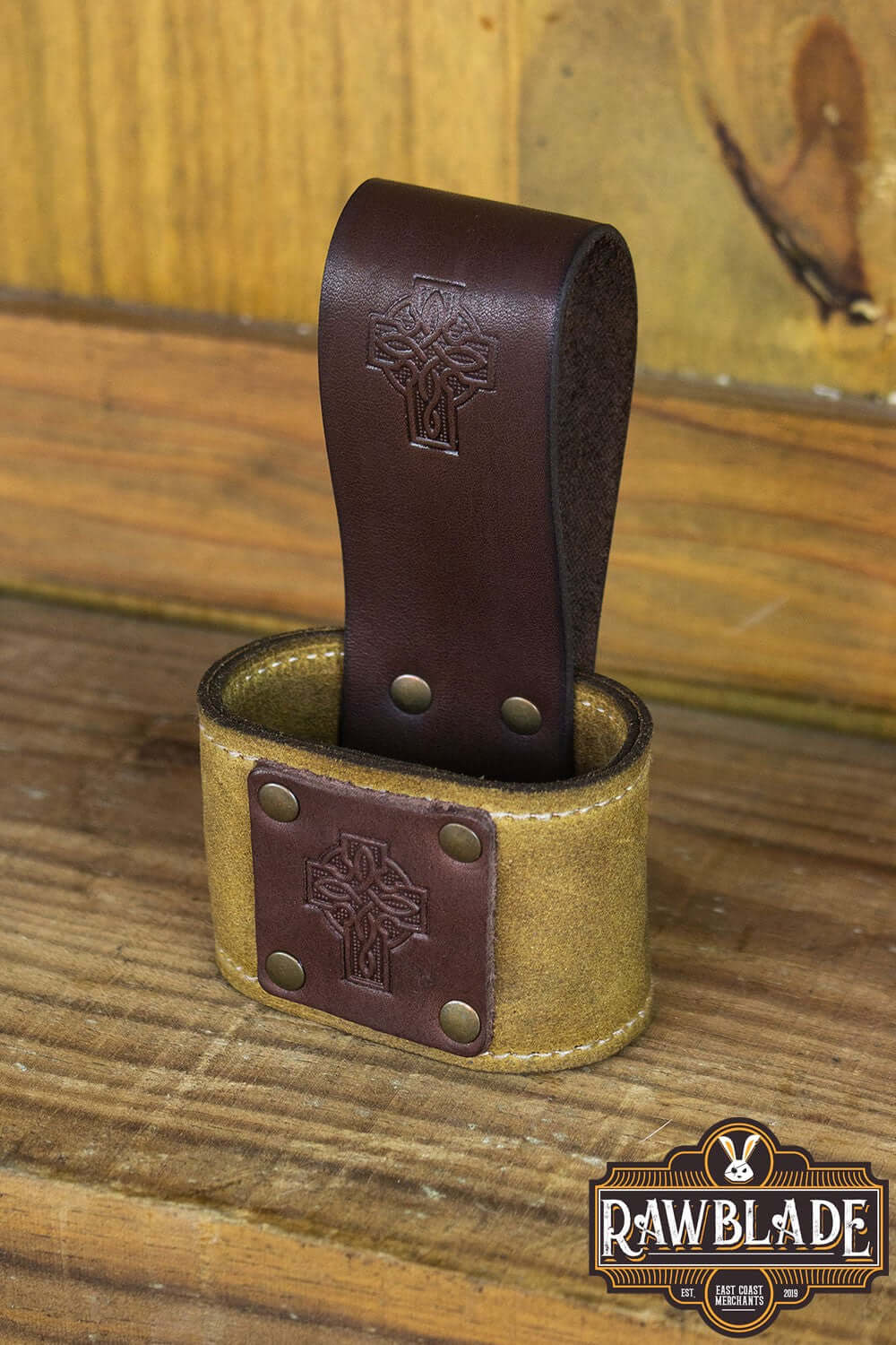 Wanderer Holder in high-quality split leather with Celtic designs and stitched borders from Rawblade.