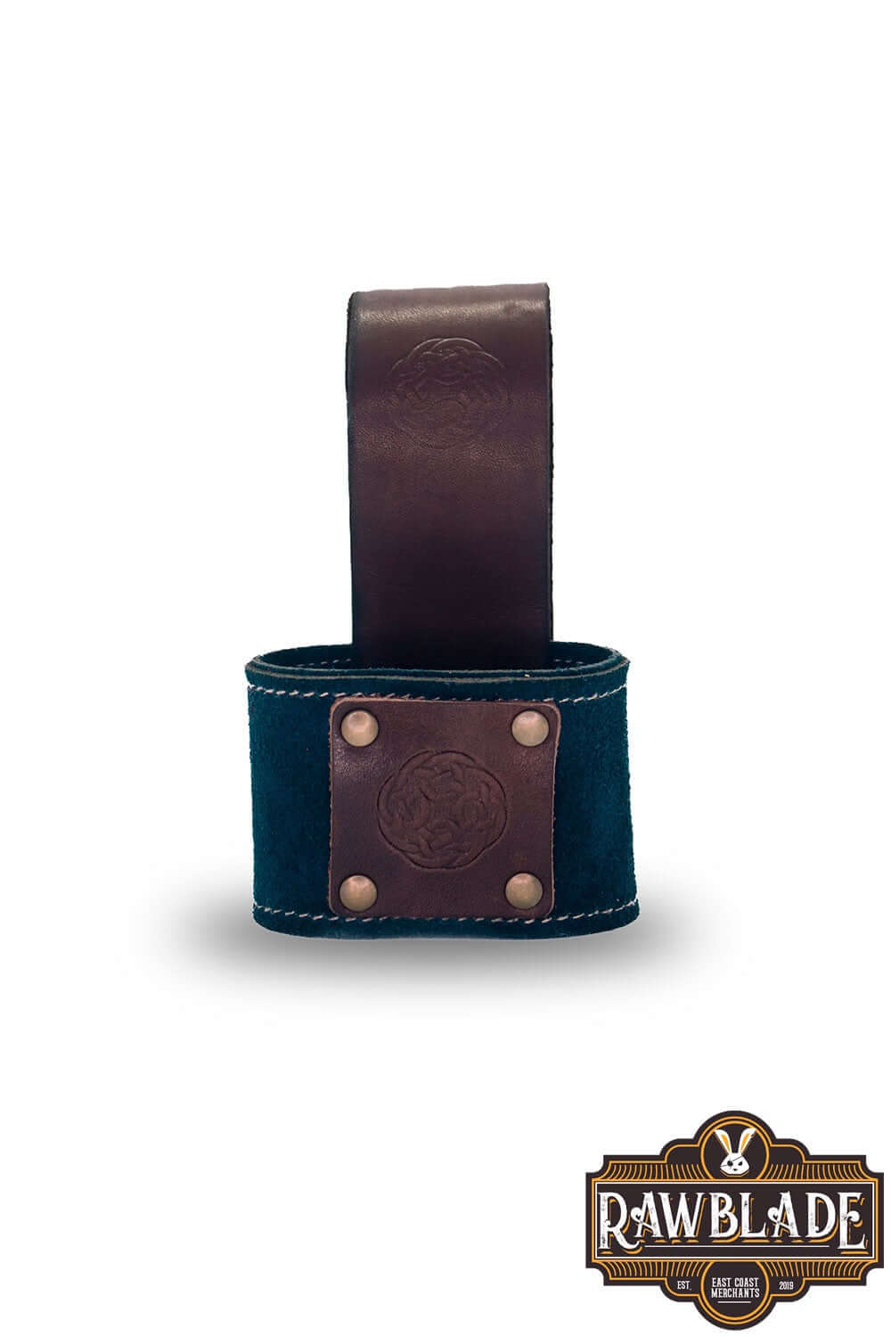 Wanderer Holder made from split leather with Celtic designs and old gold rivets, measuring 9cm x 12cm.