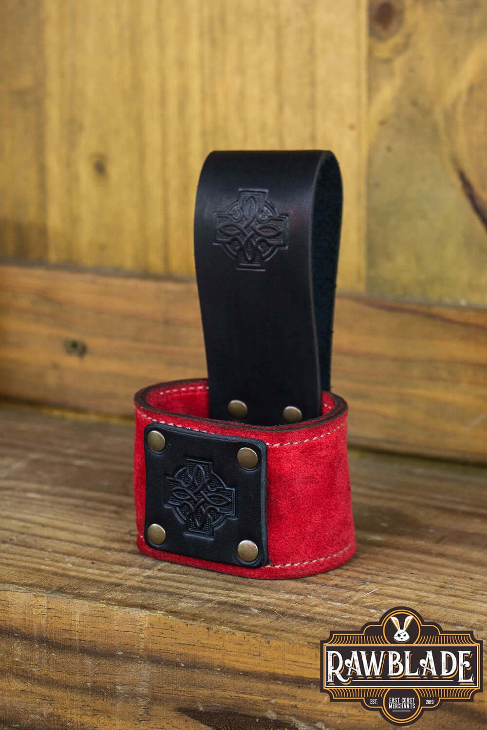 Wanderer Holder crafted from high-quality leather with Celtic designs and stitched borders.