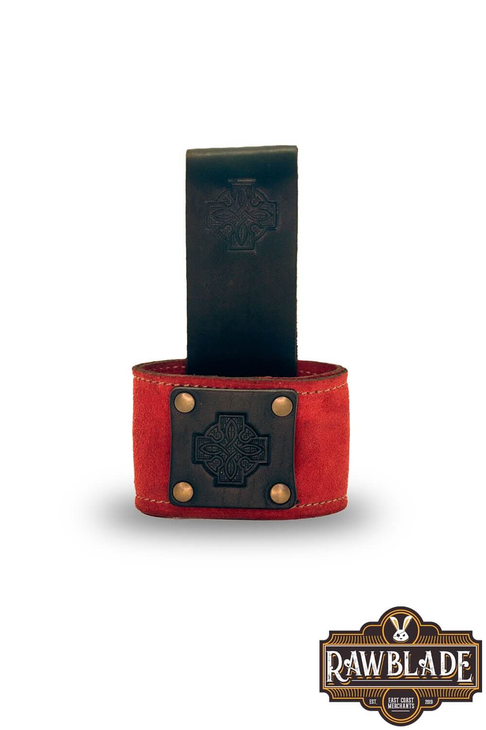 Wanderer Holder with Celtic designs, crafted in split leather and featuring old gold rivets by Rawblade.