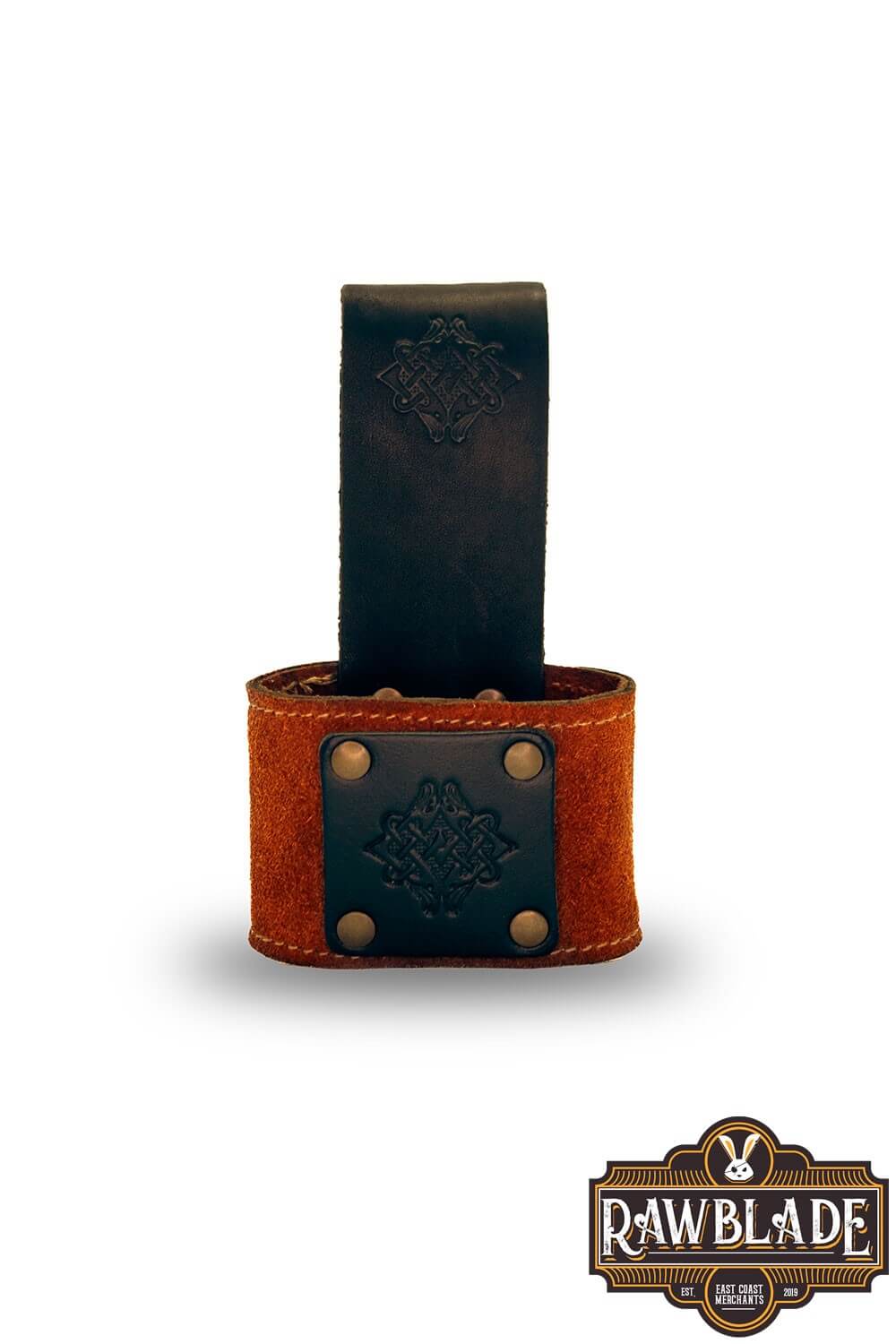 Wanderer Holder crafted from high-quality split leather with Celtic designs and metal rivets, measuring 9cm x 5cm x 12cm.