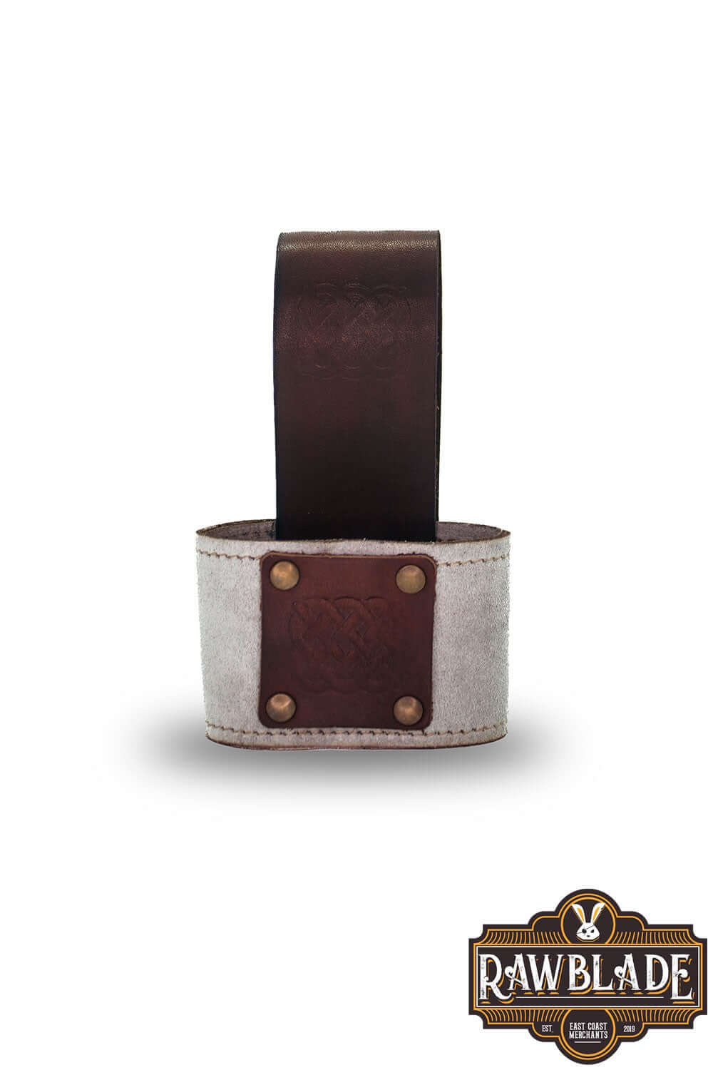Wanderer Holder made of engraved split leather with Celtic designs and old gold rivets from Rawblade.