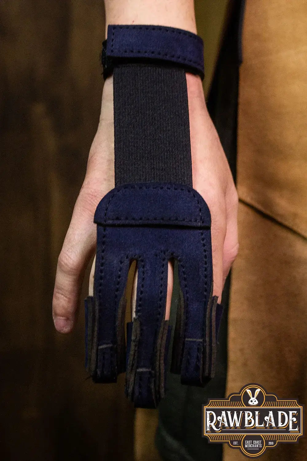 Archery Glove Kane in navy blue, featuring three fingers design and adjustable wrist strap for optimal hand protection.