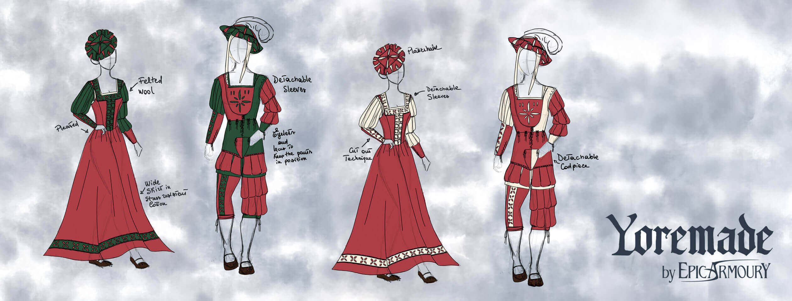 Fashion illustration of Yoremade outfits, showcasing traditional designs in red and green with detailed notes.