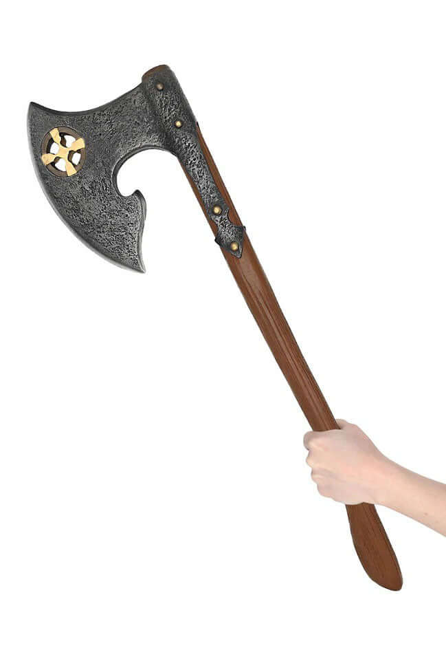 Baruk II axe with steel head and gold cross, featuring a light brown handle, perfect for rugged use.