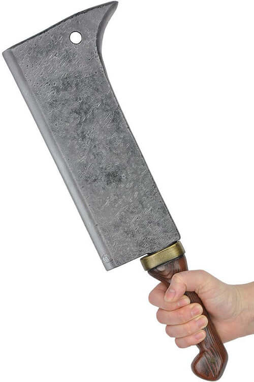 Butcher Cleaver held in hand featuring a steel blade and wooden handle with gold accents.