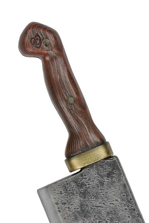 Butcher Cleaver with a wooden handle and tarnished gold accents for slicing meat.