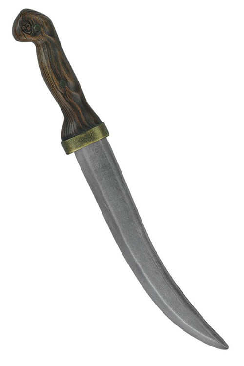 Ahab Dagger displayed with a curved blade and wooden handle featuring tarnished gold accents.
