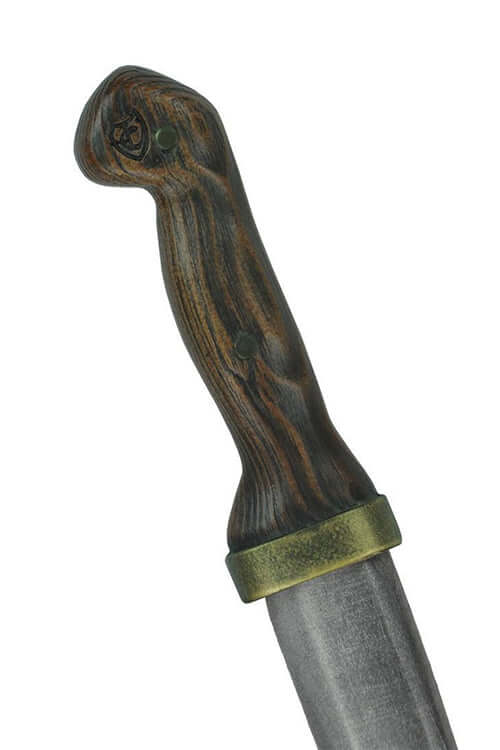 Ahab Dagger handle with rich wooden texture and tarnished gold accents.