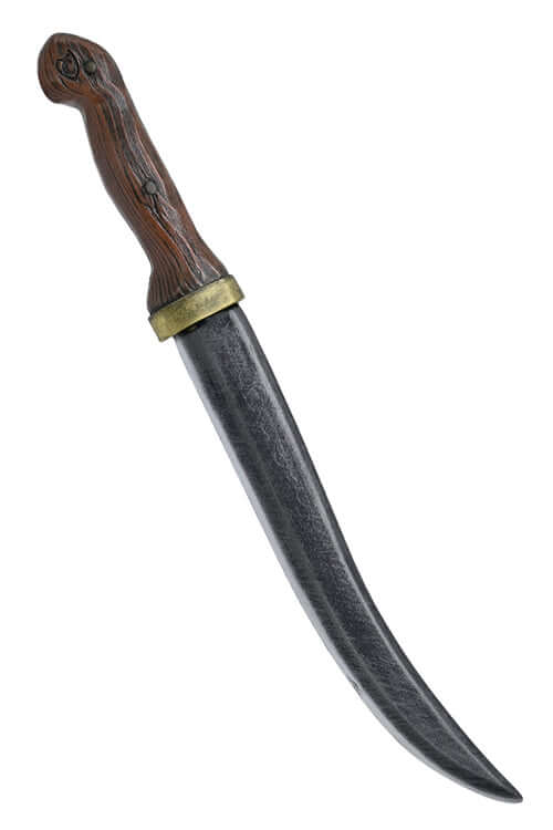 Ahab Dagger featuring a curved blade and wooden handle with gold accents, perfect for fishing and meat preparation.