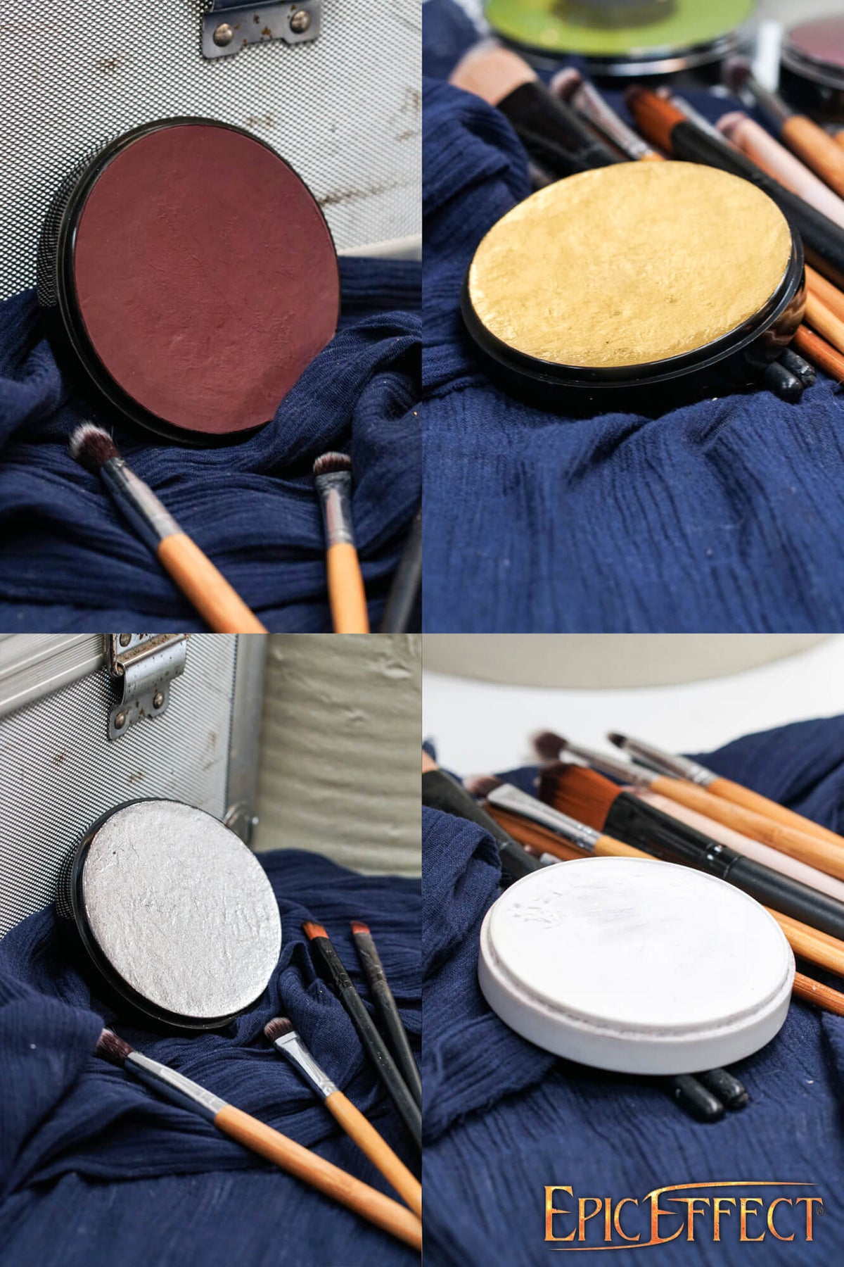 A four-panel collage showing round makeup pans or compact lids in different colors—dark red, gold, gray, and white—resting on dark navy fabric with makeup brushes around them. The brand name 'EPIC EFFECT' appears in the bottom-right corner.
