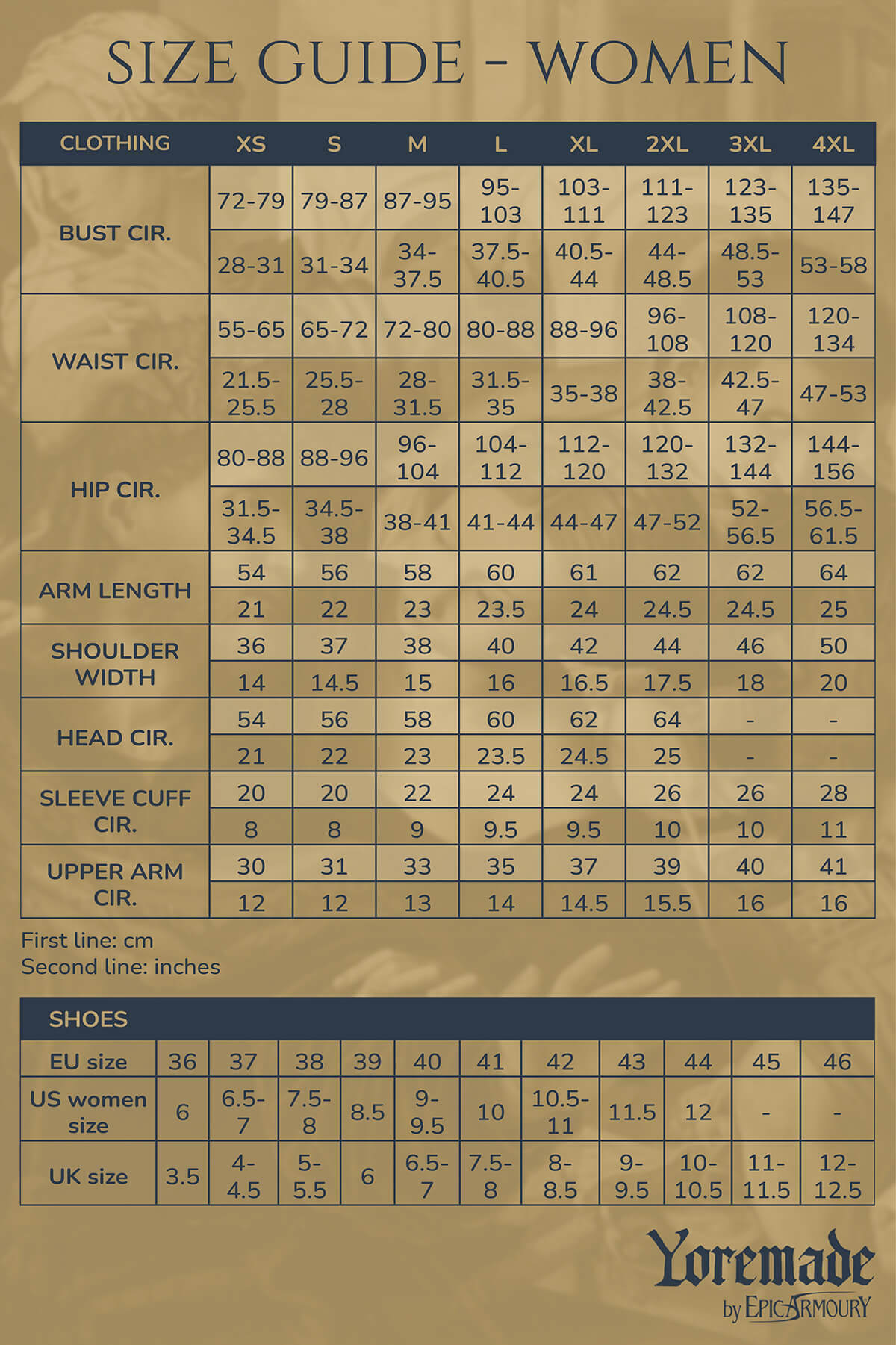 Women's size guide chart detailing bust, waist, hip measurements and shoe sizes for various sizes.