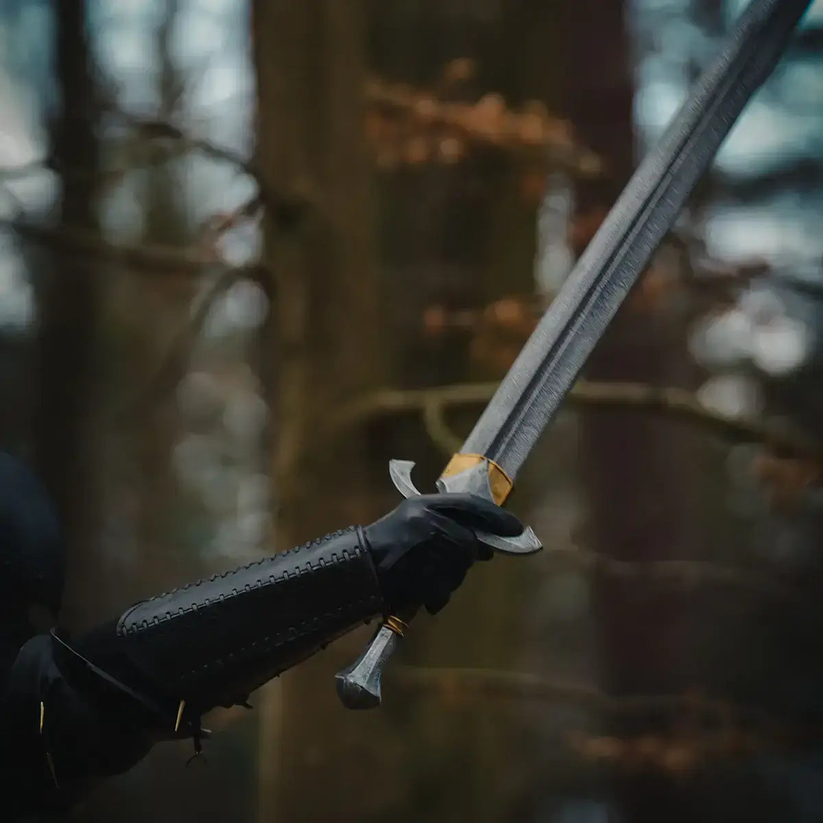 A close-up of a hand in a black glove gripping a long sword, amidst a forest backdrop.