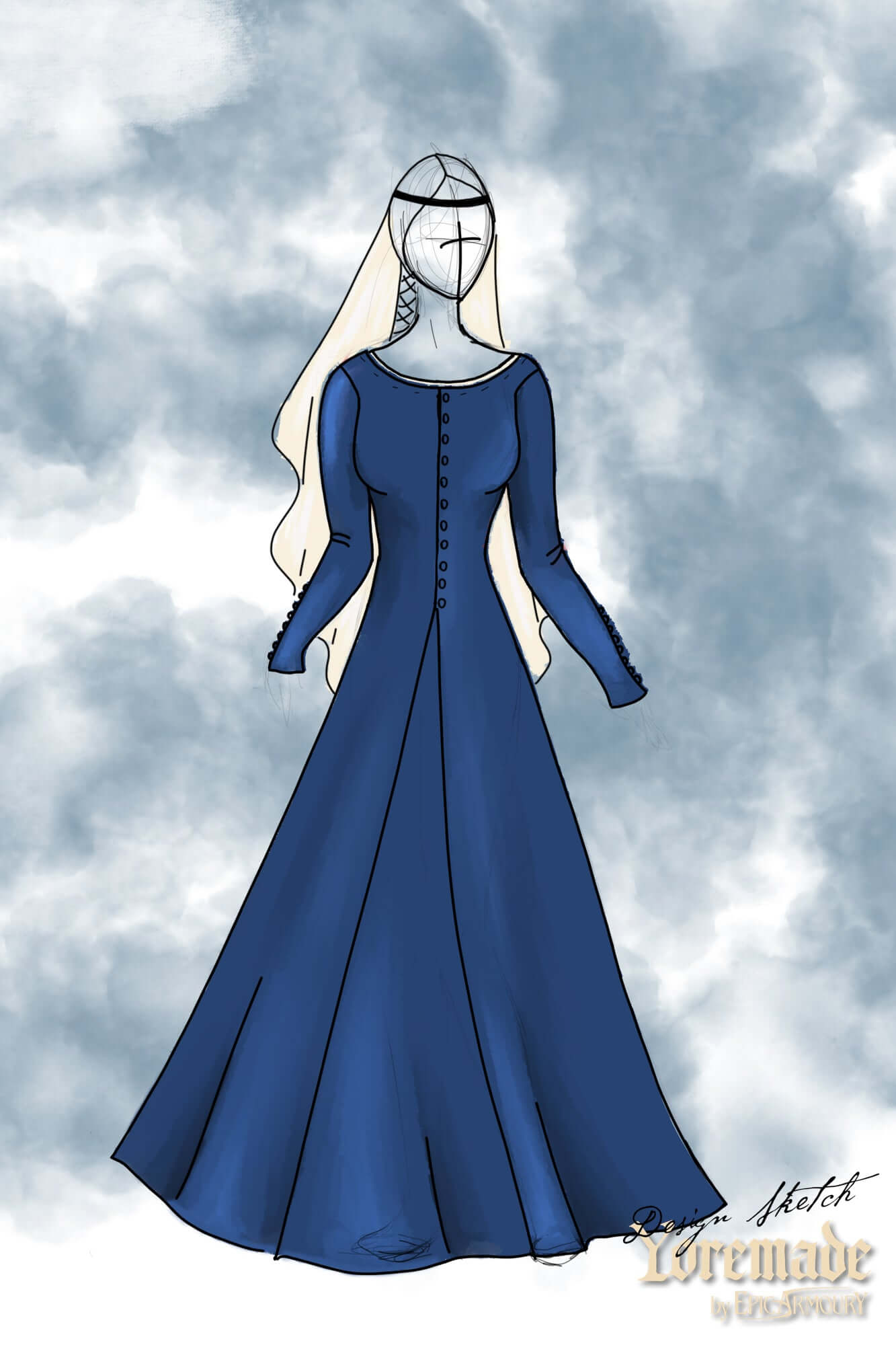 Cotehardie Colette, a velvet dress from the Yoremade collection, featuring a tailored look and buttons down the center.