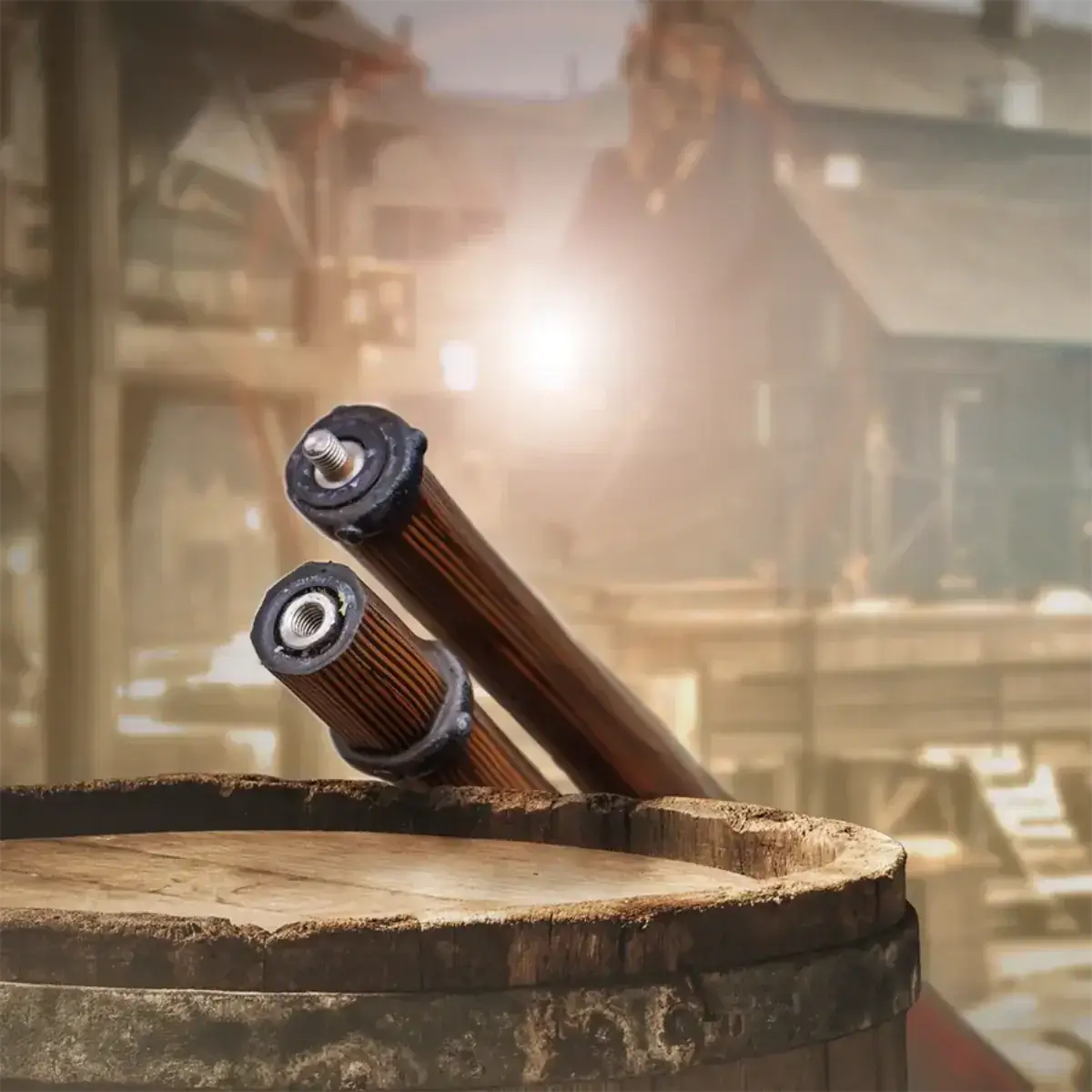 Close-up of two vintage barrel rods resting on a wooden barrel in a rustic setting.