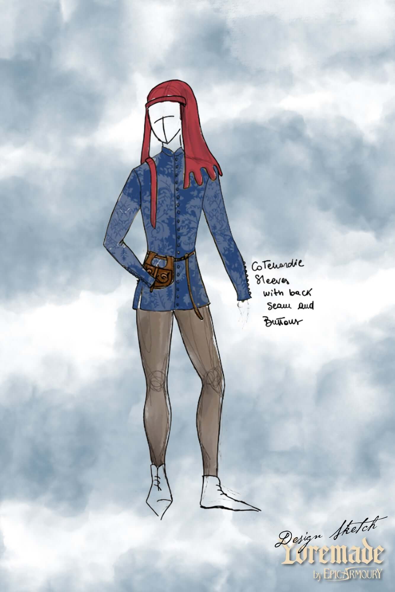 Cotehardie Rodrigo design sketch featuring a button-up jacket in heavy brocade with a fitted silhouette.