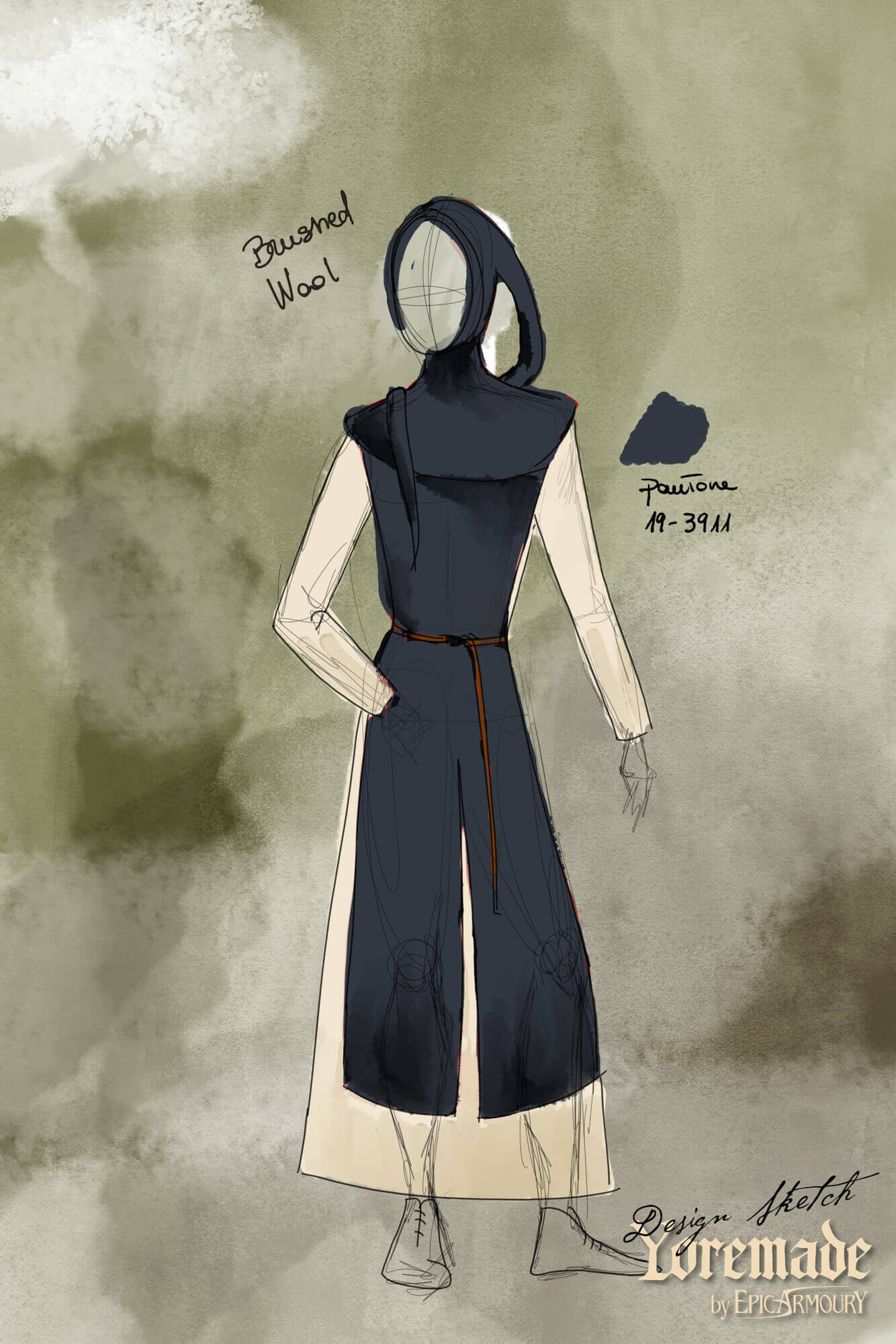 Sketch of Cyclas Bernard design showcasing a medieval over-tunic in brushed wool, perfect for historical reenactments.