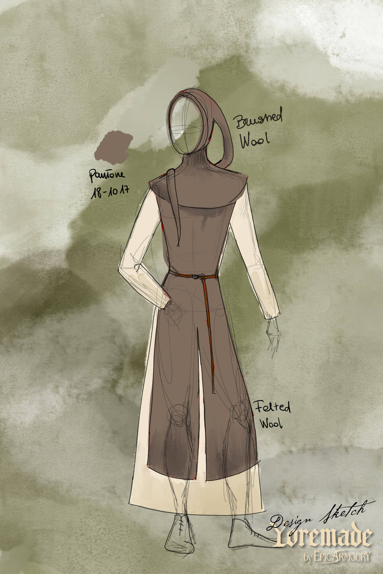 Sketch of Cyclas Bernard layered medieval over-tunic design, featuring brushed and felted wool materials.