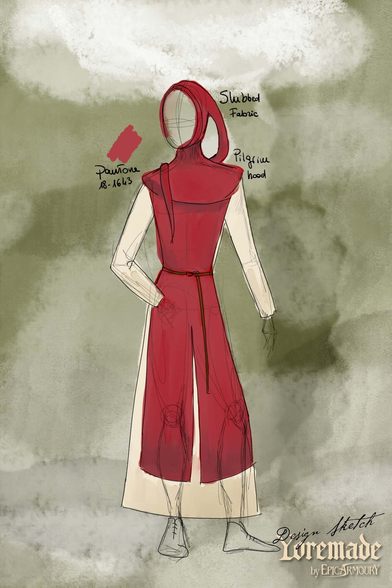 Cyclas Bernard design sketch featuring a pilgrim hood and layered medieval tunic.