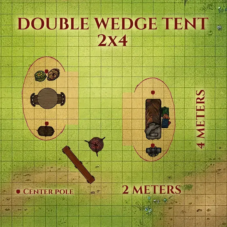 Diagram of a double wedge tent layout measuring 2x4 meters, showing furniture and center pole positions.
