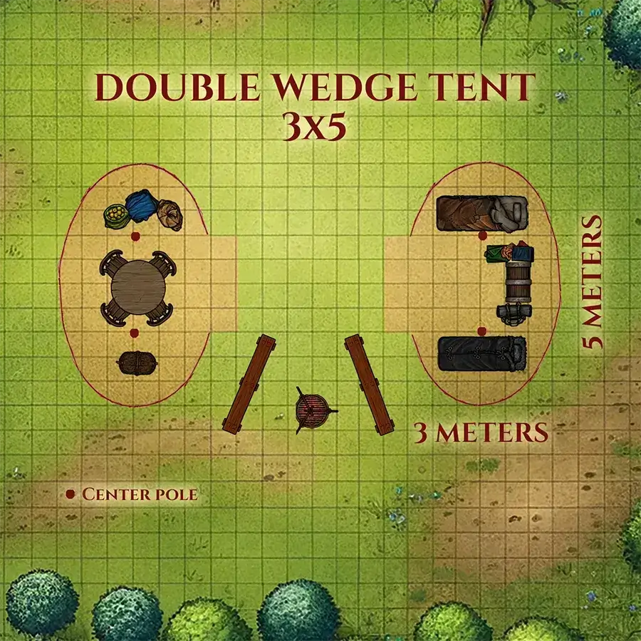 Diagram of a double wedge tent layout measuring 3x5 meters, featuring furniture and a center pole.