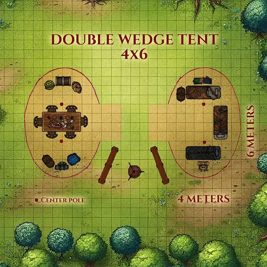 Map layout of a Double Wedge Tent, measuring 4x6 meters, including furniture and center pole details.