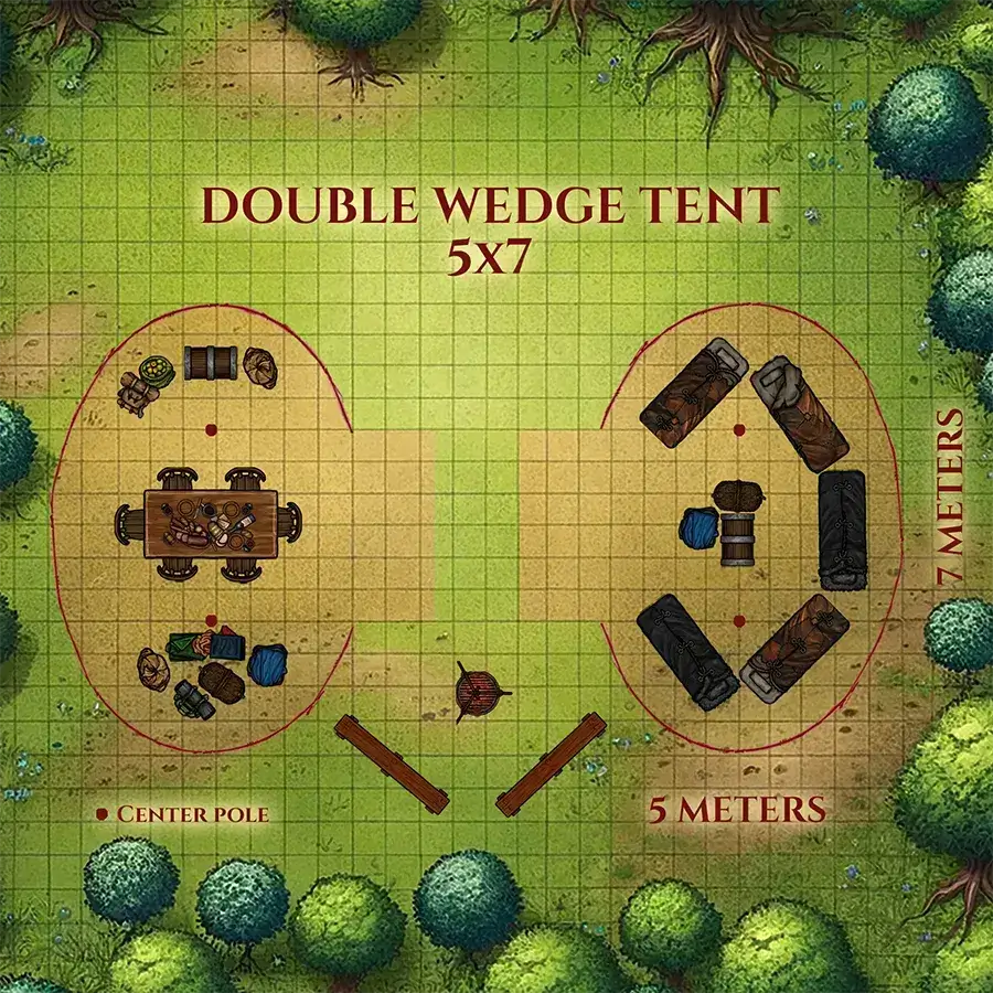 Illustration of a double wedge tent layout (5x7 meters) featuring furniture and a center pole for tabletop games.