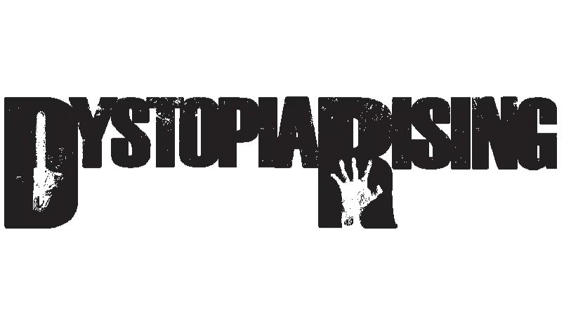 Dystopian logo featuring bold, stylized typography, representing themes of dystopia and fiction.