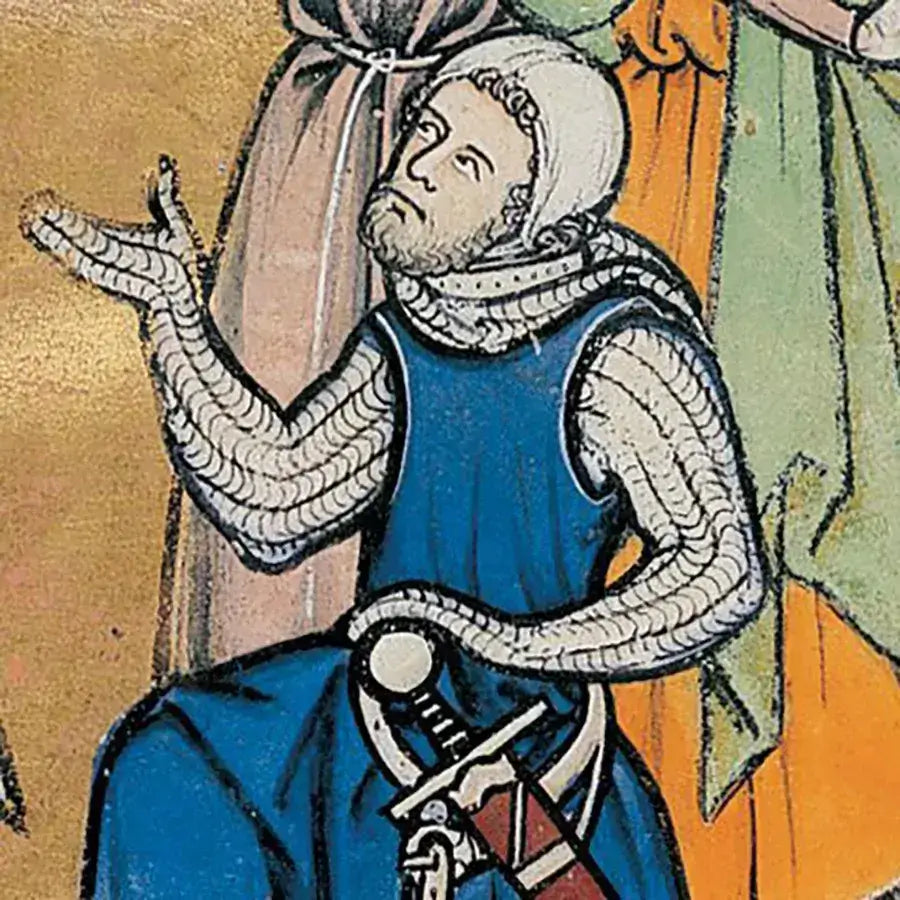 Medieval figure in chainmail and blue tunic, gesturing with one hand while seated, holding a sword.