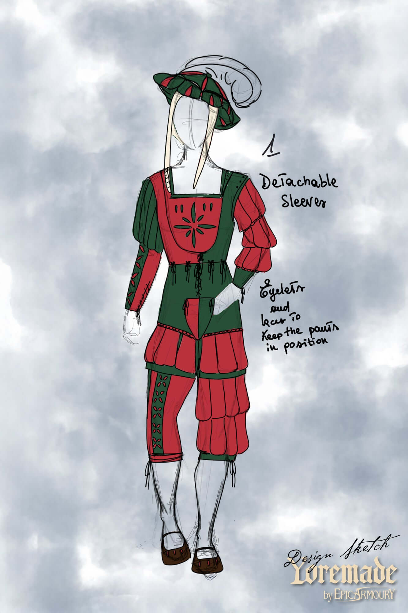 Colorful Landsknecht design sketch with detachable sleeves for 16th-century costume.