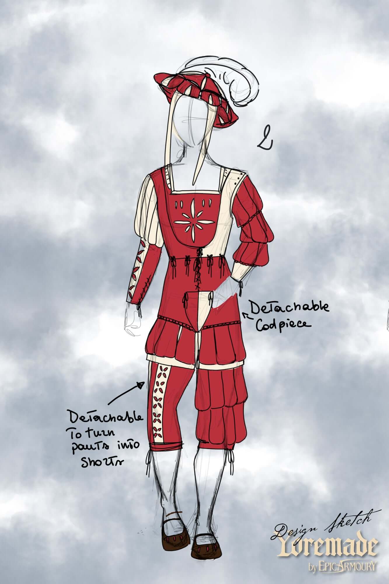 Landsknecht design illustration with detailed layers and bold colors showcasing 16th-century style.