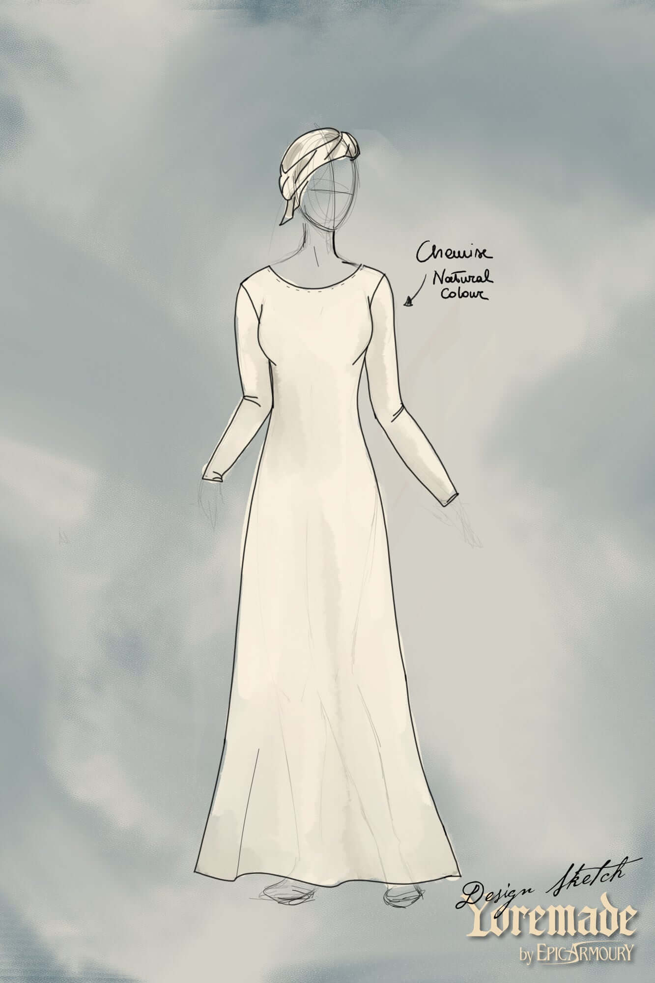 Chemise design sketch in natural color by Yoremade collection, showcasing a medieval woman's outfit layer.