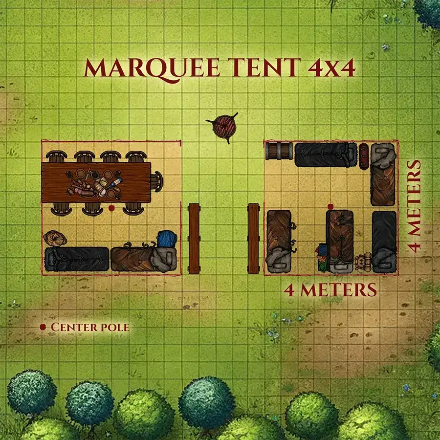 Top-down layout of a 4x4 marquee tent, featuring seating arrangements and a center pole.