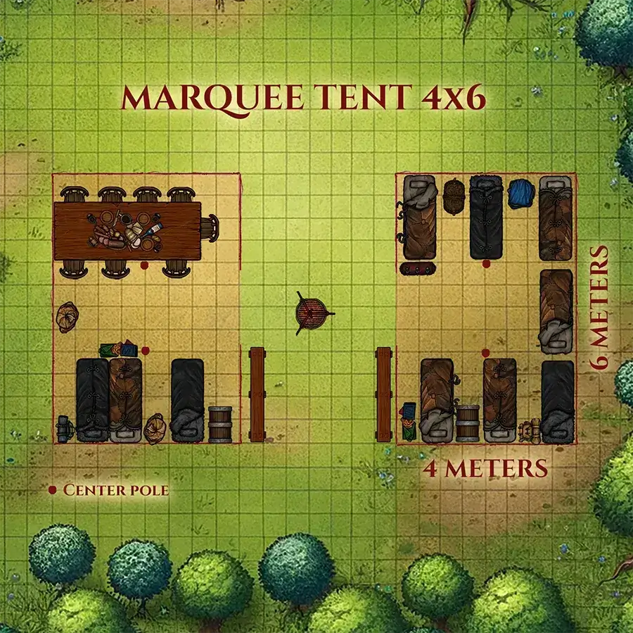 Layout of a marquee tent measuring 4x6 meters with dining table and sleeping areas, featuring a center pole.