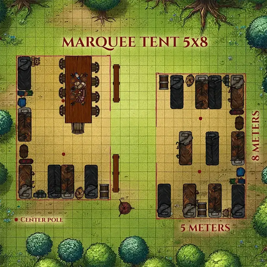 Marquee tent layout illustration showing seating arrangement and dimensions, suitable for event planning.