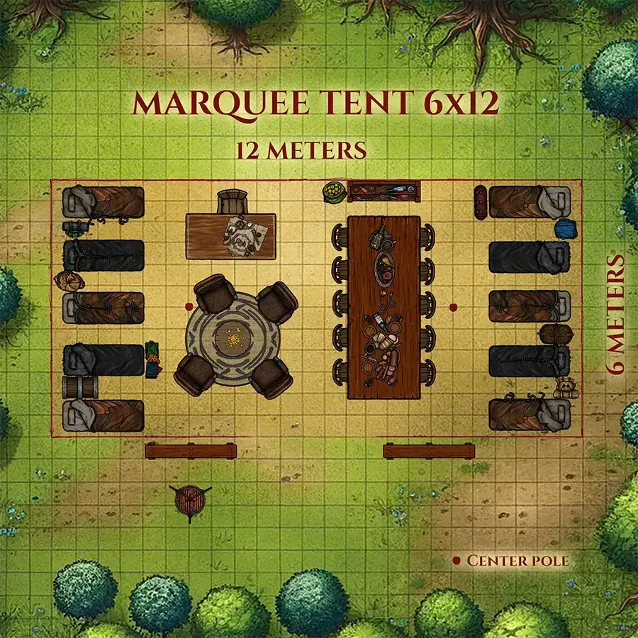Illustration of a marquee tent layout, measuring 6x12 meters, with seating arrangement and center pole.