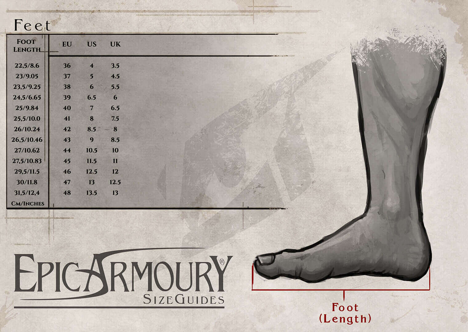 Size guide for foot length measurements including EU and UK sizes by Epic Armoury.