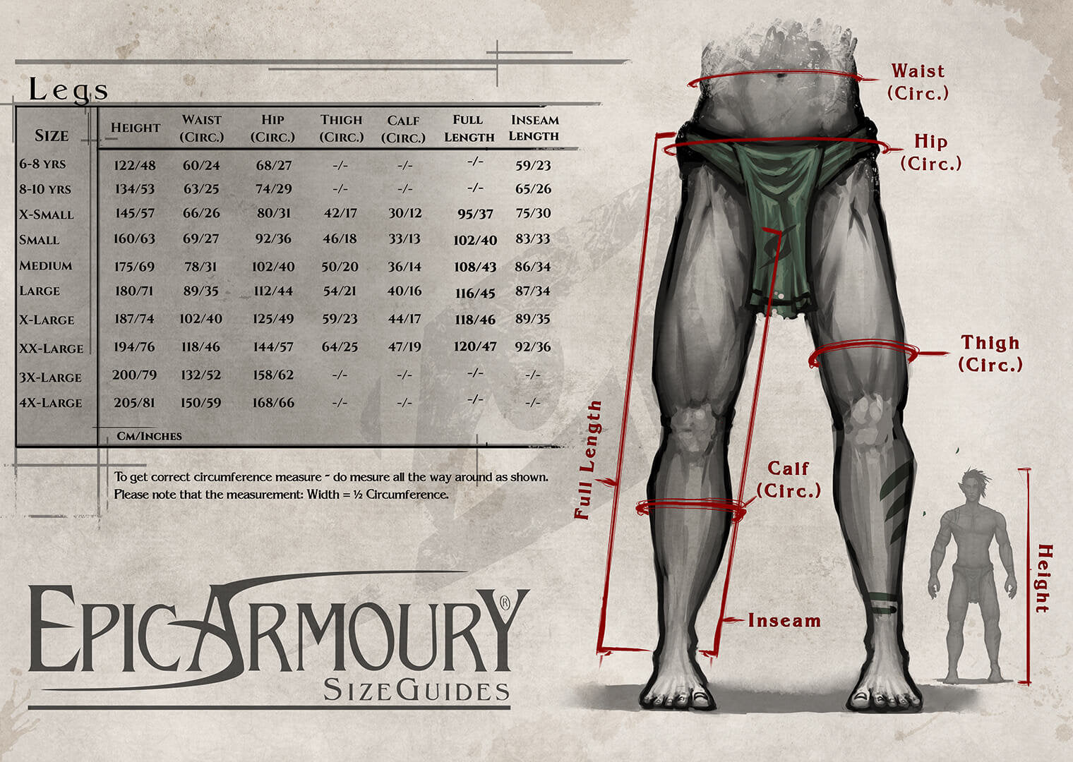 Size guide for leg measurements including waist, hip, thigh, calf, and inseam by Epic Armoury.