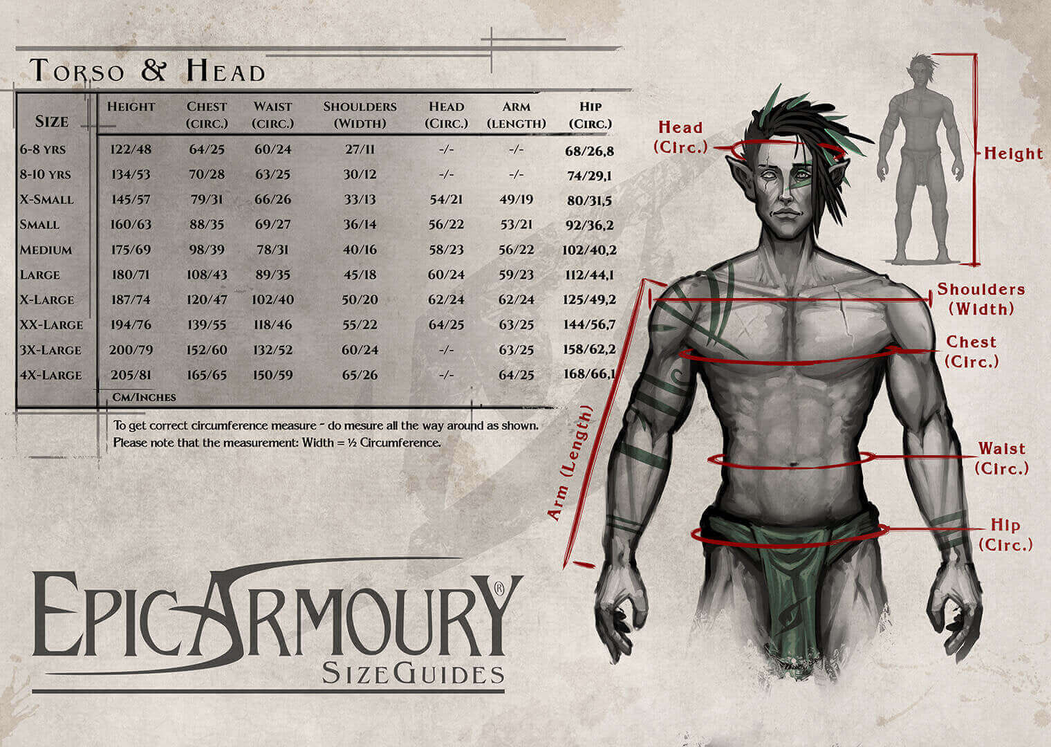 Epic Armoury size guide chart showing body measurements for torso and head including height, chest, waist, and hip.